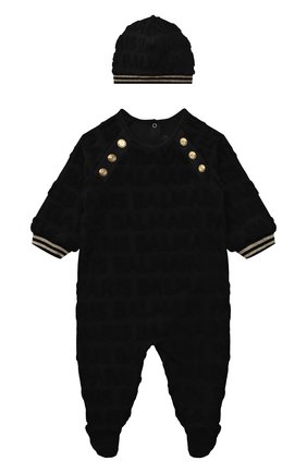 Детский комплект из комбинезона с шапкой BALMAIN черного цвета по цене 39950 руб., арт. 6P8B40 | Фото 1 Детский комплект из комбинезона с шапкой BALMAIN черного цвета, арт. 6P8B40 | Фото 1 (Материал внешний: Хлопок; Рукава: Длинные; Материал подклада: Хлопок)