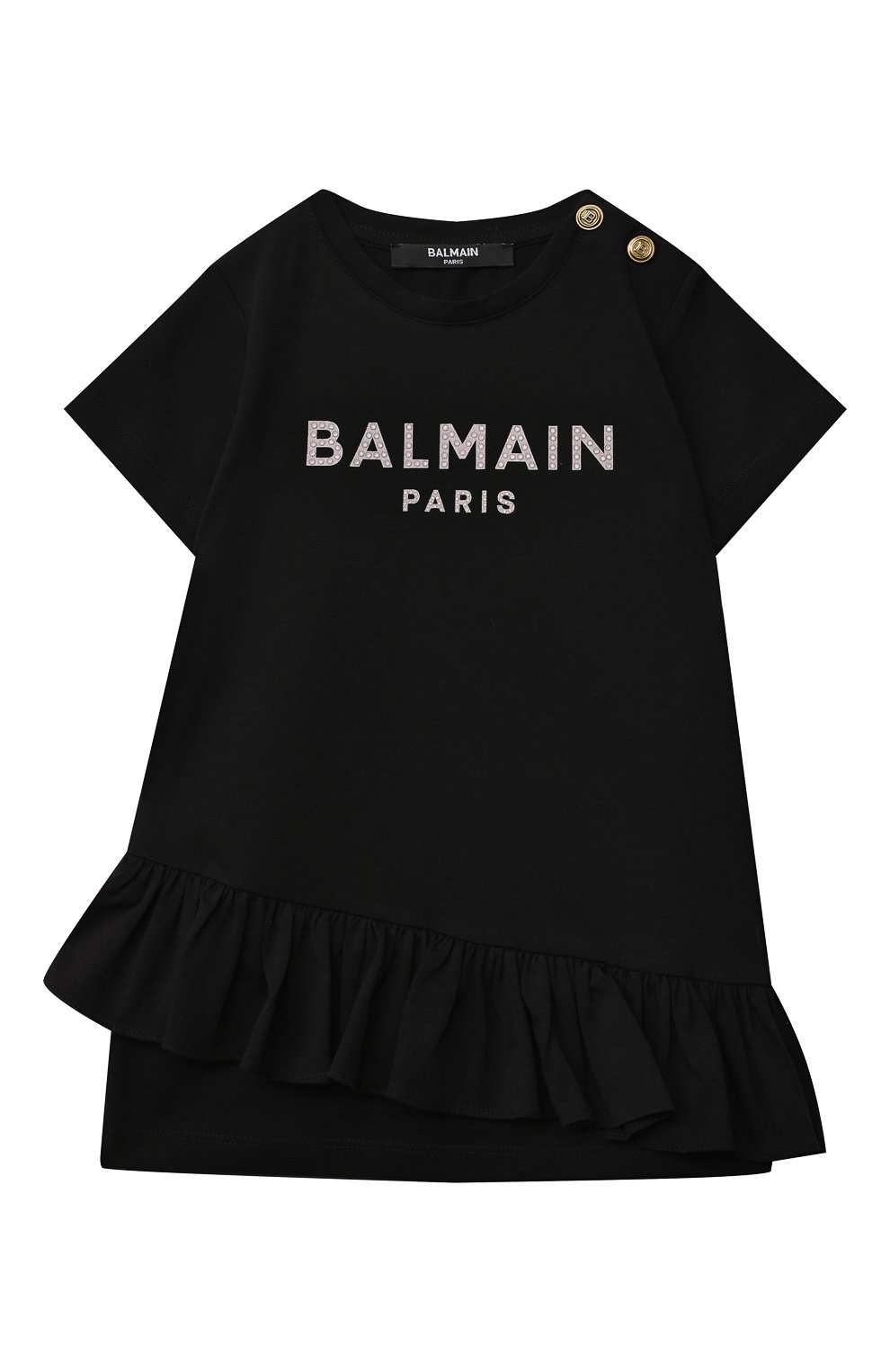 Женский хлопковое платье BALMAIN черного цвета, арт. 6P1921 | Фото 1 (Рукава: Короткие; Материал внешний: Хлопок; Малыши: Малыши)