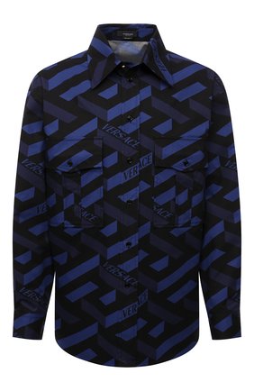 Мужская хлопковая рубашка VERSACE синего цвета по цене 109000 руб., арт. 1002203/1A01679 | Фото 1 Мужская хлопковая рубашка VERSACE синего цвета, арт. 1002203/1A01679 | Фото 1 (Материал внешний: Хлопок; Случай: Повседневный; Принт: С принтом; Рукава: Длинные; Рубашки М: Classic Fit; Манжеты: На пуговицах; Воротник: Кент; Стили: Кэжуэл; Длина (для топов): Стандартные)
