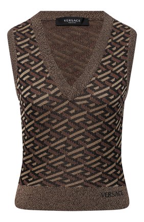 Женский топ из вискозы VERSACE коричневого цвета по цене 56300 руб., арт. 1002213/1A01524 | Фото 1 Женский топ из вискозы VERSACE коричневого цвета, арт. 1002213/1A01524 | Фото 1 (Длина (для топов): Укороченные; Материал внешний: Вискоза; Стили: Гламурный; Кросс-КТ: Трикотаж)