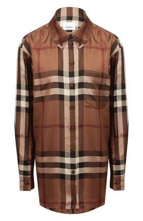 Женская шелковая рубашка BURBERRY коричневого цвета по цене 90300 руб., арт. 8044841 | Фото 1 Женская шелковая рубашка BURBERRY коричневого цвета, арт. 8044841 | Фото 1 (Длина (для топов): Удлиненные; Материал внешний: Шелк; Рукава: Длинные; Женское Кросс-КТ: Рубашка-одежда; Принт: С принтом, Клетка; Стили: Кэжуэл)