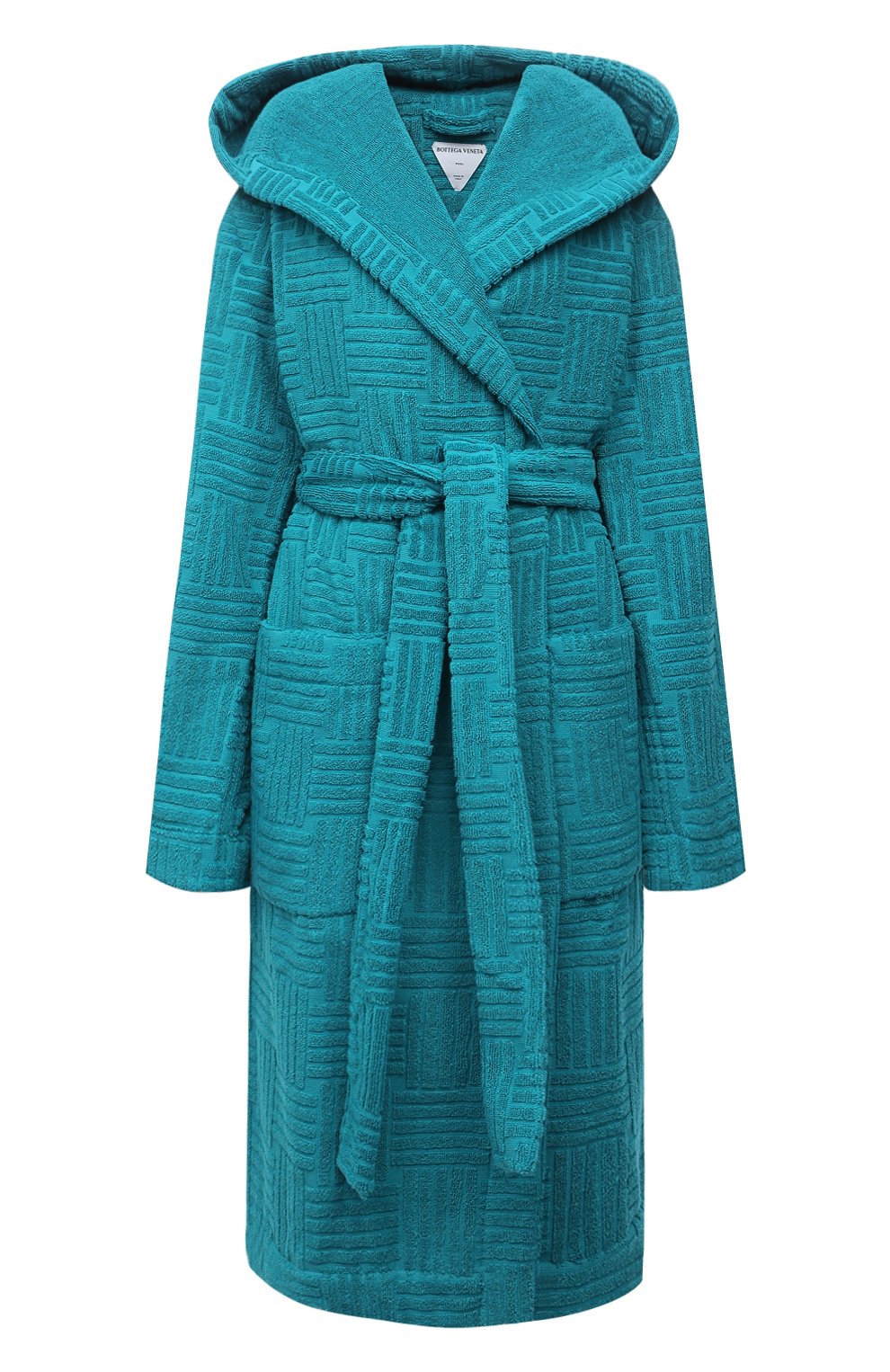 Женский хлопковый халат BOTTEGA VENETA бирюзового цвета, арт. 656096/3V106 | Фото 1 (Рукава: Длинные; Материал внешний: Хлопок; Длина Ж (юбки, платья, шорты): До колена)