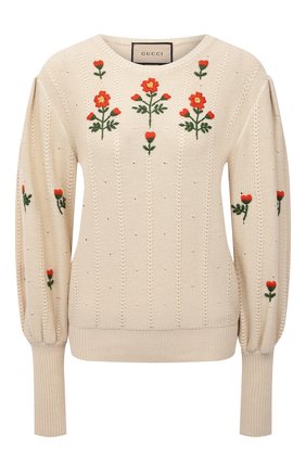 Женский пуловер из шерсти и хлопка GUCCI светло-бежевого цвета по цене 127000 руб., арт. 653328/XKBS9 | Фото 1 Женский пуловер из шерсти и хлопка GUCCI светло-бежевого цвета, арт. 653328/XKBS9 | Фото 1 (Материал внешний: Хлопок, Шерсть; Рукава: Длинные; Длина (для топов): Стандартные; Женское Кросс-КТ: Пуловер-одежда; Стили: Романтичный)