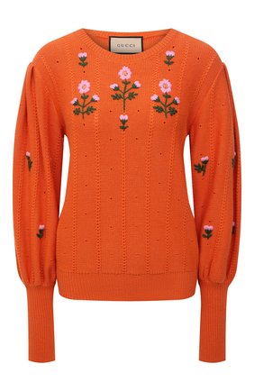 Женский пуловер из шерсти и хлопка GUCCI оранжевого цвета по цене 127000 руб., арт. 653328/XKBS9 | Фото 1 Женский пуловер из шерсти и хлопка GUCCI оранжевого цвета, арт. 653328/XKBS9 | Фото 1 (Рукава: Длинные; Длина (для топов): Стандартные; Материал внешний: Хлопок, Шерсть; Женское Кросс-КТ: Пуловер-одежда; Стили: Романтичный)