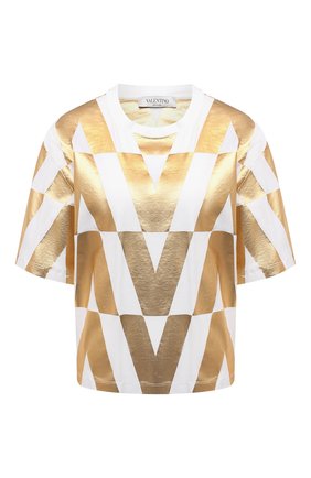 Женская хлопковая футболка VALENTINO золотого цвета по цене 47200 руб., арт. WB0MG15L6RC | Фото 1 Женская хлопковая футболка VALENTINO золотого цвета, арт. WB0MG15L6RC | Фото 1 (Рукава: Короткие; Материал внешний: Хлопок; Длина (для топов): Стандартные; Женское Кросс-КТ: Футболка-одежда; Принт: С принтом; Стили: Гламурный)