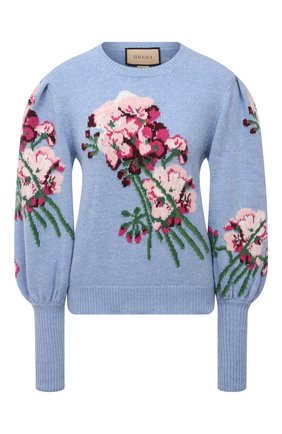 Женский шерстяной свитер GUCCI голубого цвета по цене 109000 руб., арт. 664326/X1274 | Фото 1 Женский шерстяной свитер GUCCI голубого цвета, арт. 664326/X1274 | Фото 1 (Материал внешний: Шерсть; Стили: Романтичный; Женское Кросс-КТ: Свитер-одежда; Рукава: Длинные; Длина (для топов): Стандартные)