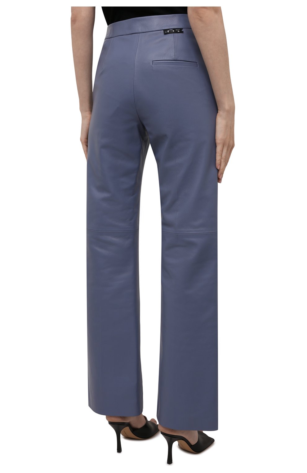 Женские кожаные брюки OFF-WHITE голубого цвета, арт. 0WJB019F21LEA001 | Фото 4 (Стили: Гламурный; Длина (брюки, джинсы): Стандартные; Женское Кросс-КТ: Брюки-одежда; Силуэт Ж (брюки и джинсы): Прямые; Материал внешний: Натуральная кожа; Материал подклада: Вискоза)