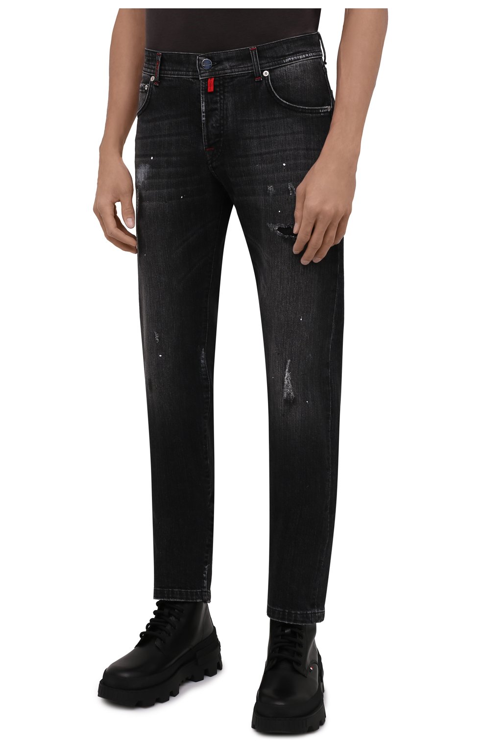 Мужские джинсы KITON темно-серого цвета, арт. UPNJS/J0357A | Фото 3 (Силуэт М (брюки): Прямые; Кросс-КТ: Деним; Длина (брюки, джинсы): Стандартные; Стили: Гранж; Материал внешний: Хлопок; Детали: Потертости)