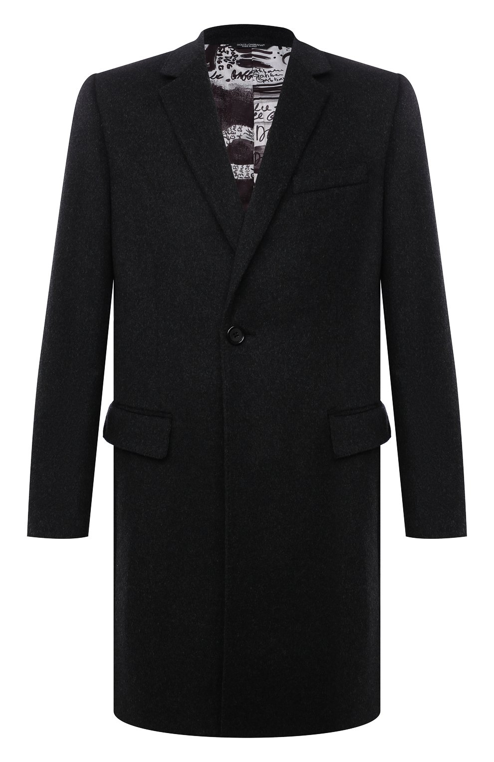 Мужской пальто из шерсти и кашемира DOLCE & GABBANA темно-серого цвета, арт. G007ST/FU3GT | Фото 1 (Материал внешний: Шерсть; Рукава: Длинные; Длина (верхняя одежда): До середины бедра; Стили: Классический; Материал подклада: Синтетический материал; Мужское Кросс-КТ: пальто-верхняя одежда)