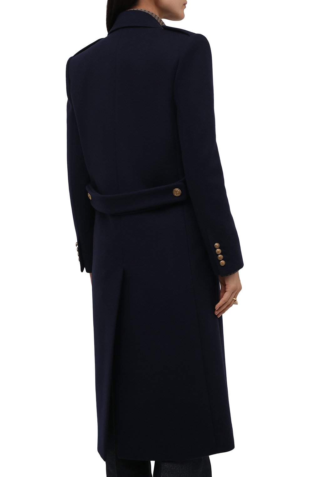 Женское кашемировое пальто SAINT LAURENT темно-синего цвета, арт. 661316/Y143V | Фото 4 (Материал внешний: Шерсть, Кашемир; Рукава: Длинные; Стили: Гламурный; Длина (верхняя одежда): Длинные; 1-2-бортные: Двубортные; Материал подклада: Купро)