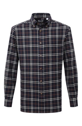 Мужская хлопковая рубашка BURBERRY темно-синего цвета по цене 46150 руб., арт. 8044211 | Фото 1 Мужская хлопковая рубашка BURBERRY темно-синего цвета, арт. 8044211 | Фото 1 (Длина (для топов): Стандартные; Рукава: Длинные; Материал внешний: Хлопок; Случай: Повседневный; Принт: Клетка; Стили: Кэжуэл; Манжеты: На пуговицах; Воротник: Button down)