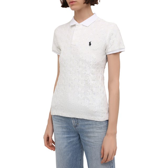 Хлопковое поло с отделкой пайетками Polo Ralph Lauren 211814481, цвет белый, размер 46 - фото 3