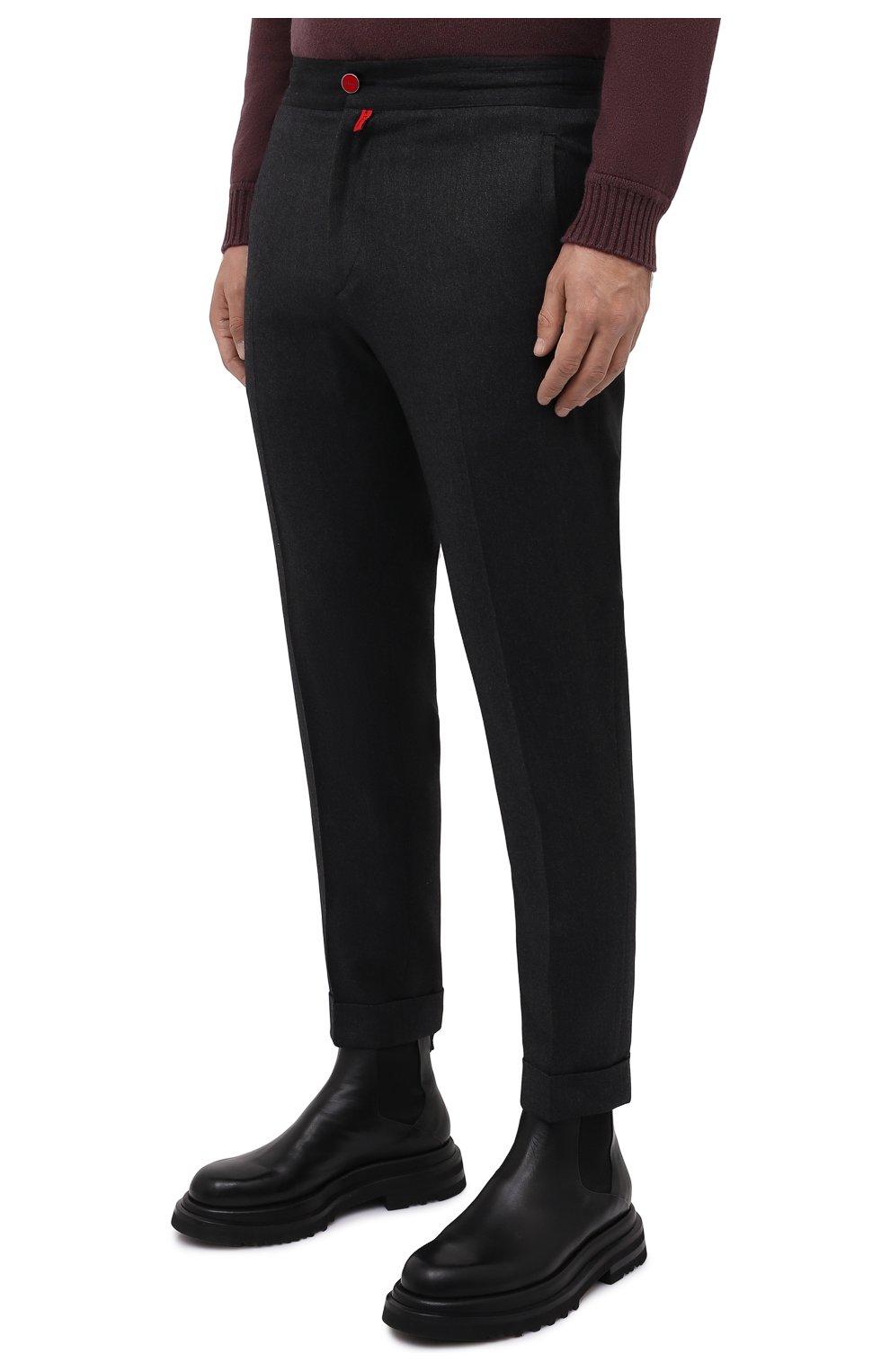 Мужские брюки из шерсти и кашемира KITON темно-серого цвета, арт. UFPLACK0121A | Фото 3 (Материал внешний: Шерсть; Силуэт М (брюки): Чиносы; Длина (брюки, джинсы): Стандартные; Случай: Повседневный; Стили: Кэжуэл)