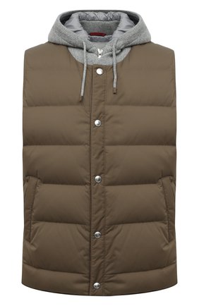 Мужской пуховый жилет BRUNELLO CUCINELLI хаки цвета по цене 348000 руб., арт. MM4597376G | Фото 1 Мужской пуховый жилет BRUNELLO CUCINELLI хаки цвета, арт. MM4597376G | Фото 1 (Материал внешний: Синтетический материал; Материал подклада: Синтетический материал; Материал утеплителя: Пух и перо; Длина (верхняя одежда): Короткие; Кросс-КТ: Пуховик, Куртка; Стили: Спорт-шик)