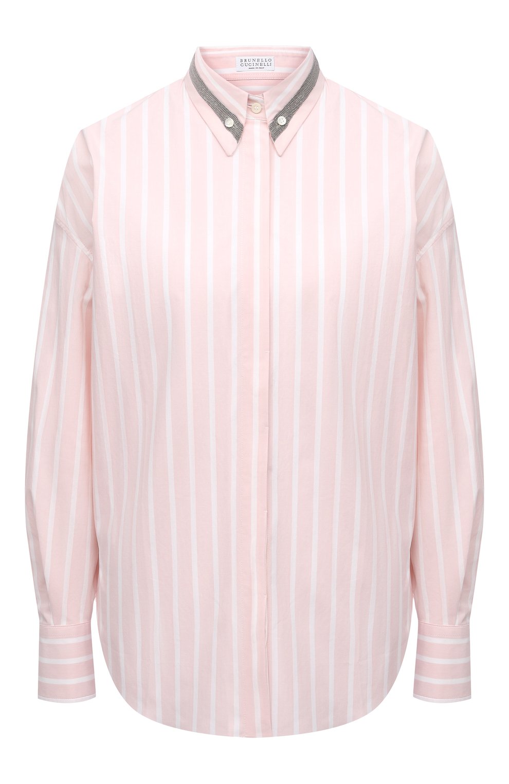 Женская хлопковая рубашка BRUNELLO CUCINELLI светло-розового цвета, арт. MA734RH536 | Фото 1 (Рукава: Длинные; Принт: Полоска; Женское Кросс-КТ: Рубашка-одежда; Длина (для топов): Удлиненные; Материал внешний: Хлопок; Стили: Романтичный)