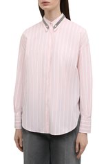 Женская хлопковая рубашка BRUNELLO CUCINELLI светло-розового цвета, арт. MA734RH536 | Фото 3 (Рукава: Длинные; Принт: Полоска; Женское Кросс-КТ: Рубашка-одежда; Длина (для топов): Удлиненные; Материал внешний: Хлопок; Стили: Романтичный)
