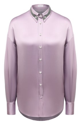Женская шелковая рубашка BRUNELLO CUCINELLI фиолетового цвета по цене 158000 руб., арт. M0C59RH516 | Фото 1 Женская шелковая рубашка BRUNELLO CUCINELLI фиолетового цвета, арт. M0C59RH516 | Фото 1 (Материал внешний: Шелк; Длина (для топов): Удлиненные; Рукава: Длинные; Стили: Романтичный; Принт: Без принта; Женское Кросс-КТ: Рубашка-одежда)