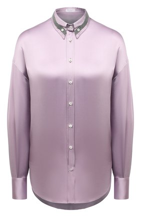 Женская шелковая рубашка BRUNELLO CUCINELLI сиреневого цвета, арт. M0C59RH516 | Фото 1 (Материал внешний: Шелк; Длина (для топов): Удлиненные; Рукава: Длинные; Стили: Романтичный; Принт: Без принта; Женское Кросс-КТ: Рубашка-одежда)