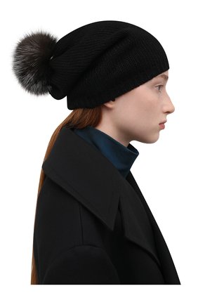 Женская кашемировая шапка с помпоном из меха соболя BLACK SABLE черного цвета, арт. BS-005CV1 | Фото 2 (Материал: Шерсть, Кашемир, Текстиль)