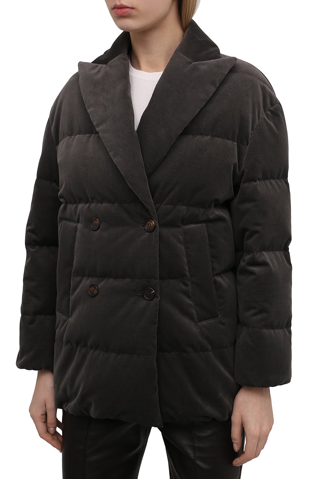 Женская пуховая куртка BRUNELLO CUCINELLI темно-серого цвета, арт. ML4792709 | Фото 3 (Кросс-КТ: Куртка; Рукава: Длинные; Женское Кросс-КТ: Пуховик-куртка; Материал внешний: Хлопок; Материал подклада: Синтетический материал; Длина (верхняя одежда): Короткие; Материал утеплителя: Пух и перо; Стили: Кэжуэл)