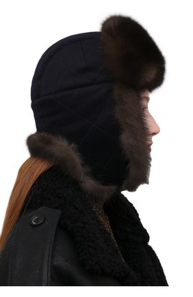 Женская шапка-ушанка с отделкой из меха соболя BLACK SABLE темно-синего цвета, арт. BS-005F4 | Фото 2 (Материал: Шерсть, Кашемир, Текстиль)