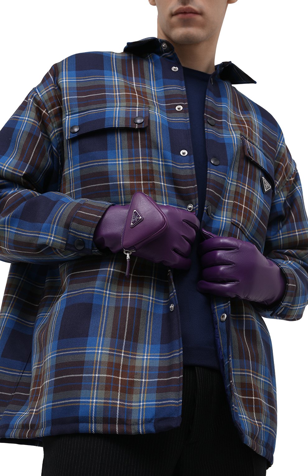 Мужские кожаные перчатки PRADA фиолетового цвета, арт. 2GG137-2DWZ-F0106 | Фото 2 (Материал: Натуральная кожа; Мужское Кросс-КТ: Кожа и замша)