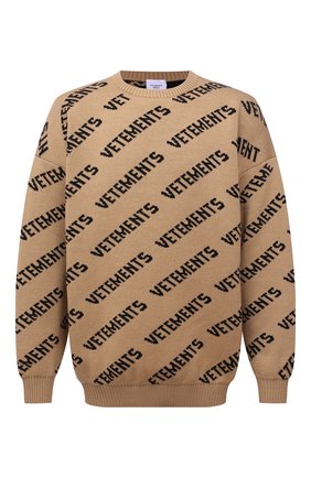 Мужской шерстяной свитер VETEMENTS бежевого цвета по цене 73950 руб., арт. UE52KN340A 2901/M | Фото 1 Мужской шерстяной свитер VETEMENTS бежевого цвета, арт. UE52KN340A 2901/M | Фото 1 (Материал внешний: Шерсть; Рукава: Длинные; Стили: Спорт-шик, Гранж; Длина (для топов): Стандартные; Мужское Кросс-КТ: Свитер-одежда; Принт: С принтом)