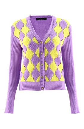 Женский кардиган VERSACE фиолетового цвета по цене 119500 руб., арт. 1003286/1A02305 | Фото 1 Женский кардиган VERSACE фиолетового цвета, арт. 1003286/1A02305 | Фото 1 (Женское Кросс-КТ: кардиган-трикотаж; Рукава: Длинные; Длина (для топов): Укороченные; Стили: Романтичный)