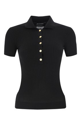 Женское поло VERSACE черного цвета по цене 56300 руб., арт. 1003597/1A02470 | Фото 1 Женское поло VERSACE черного цвета, арт. 1003597/1A02470 | Фото 1 (Стили: Романтичный; Кросс-КТ: Трикотаж; Рукава: Короткие; Длина (для топов): Стандартные)