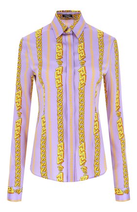 Женская рубашка VERSACE фиолетового цвета по цене 94400 руб., арт. 1003946/1A02864 | Фото 1 Женская рубашка VERSACE фиолетового цвета, арт. 1003946/1A02864 | Фото 1 (Женское Кросс-КТ: Рубашка-одежда; Рукава: Длинные; Длина (для топов): Стандартные; Принт: С принтом; Стили: Романтичный)
