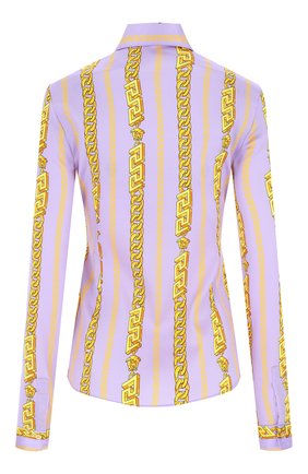 Женская рубашка VERSACE фиолетового цвета по цене 94400 руб., арт. 1003946/1A02864 | Фото 2 Женская рубашка VERSACE фиолетового цвета, арт. 1003946/1A02864 | Фото 2 (Женское Кросс-КТ: Рубашка-одежда; Рукава: Длинные; Длина (для топов): Стандартные; Принт: С принтом; Стили: Романтичный)