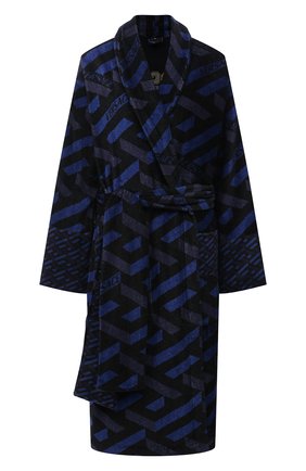 Женский хлопковый халат VERSACE темно-синего цвета, арт. ZACJ00010/ZC0SP131 | Фото 1 (Рукава: Длинные; Материал внешний: Хлопок; Длина Ж (юбки, платья, шорты): Миди)