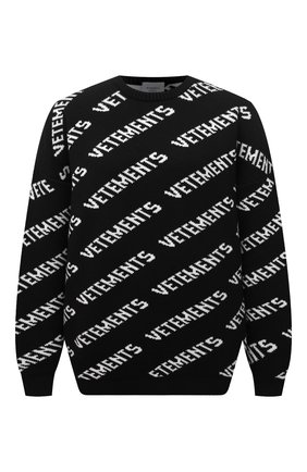 Мужской шерстяной свитер VETEMENTS черного цвета по цене 73950 руб., арт. UE52KN340B 2901/M | Фото 1 Мужской шерстяной свитер VETEMENTS черного цвета, арт. UE52KN340B 2901/M | Фото 1 (Материал внешний: Шерсть; Мужское Кросс-КТ: Свитер-одежда; Принт: С принтом; Стили: Гранж; Длина (для топов): Стандартные; Рукава: Длинные)