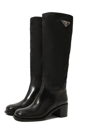 Женские комбинированные сапоги PRADA черного цвета по цене 95000 руб., арт. 1W411M-3LFU-F0002-055 | Фото 1 Женские комбинированные сапоги PRADA черного цвета, арт. 1W411M-3LFU-F0002-055 | Фото 1 (Каблук тип: Устойчивый; Материал внешний: Кожа; Подошва: Плоская; Каблук высота: Средний; Высота голенища: Высокие)