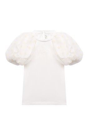 Детская хлопковый топ FENDI белого цвета по цене 26350 руб., арт. JFI246/7AJ/3A-6A | Фото 1 Детская хлопковый топ FENDI белого цвета, арт. JFI246/7AJ/3A-6A | Фото 1 (Материал внешний: Хлопок; Рукава: Короткие)