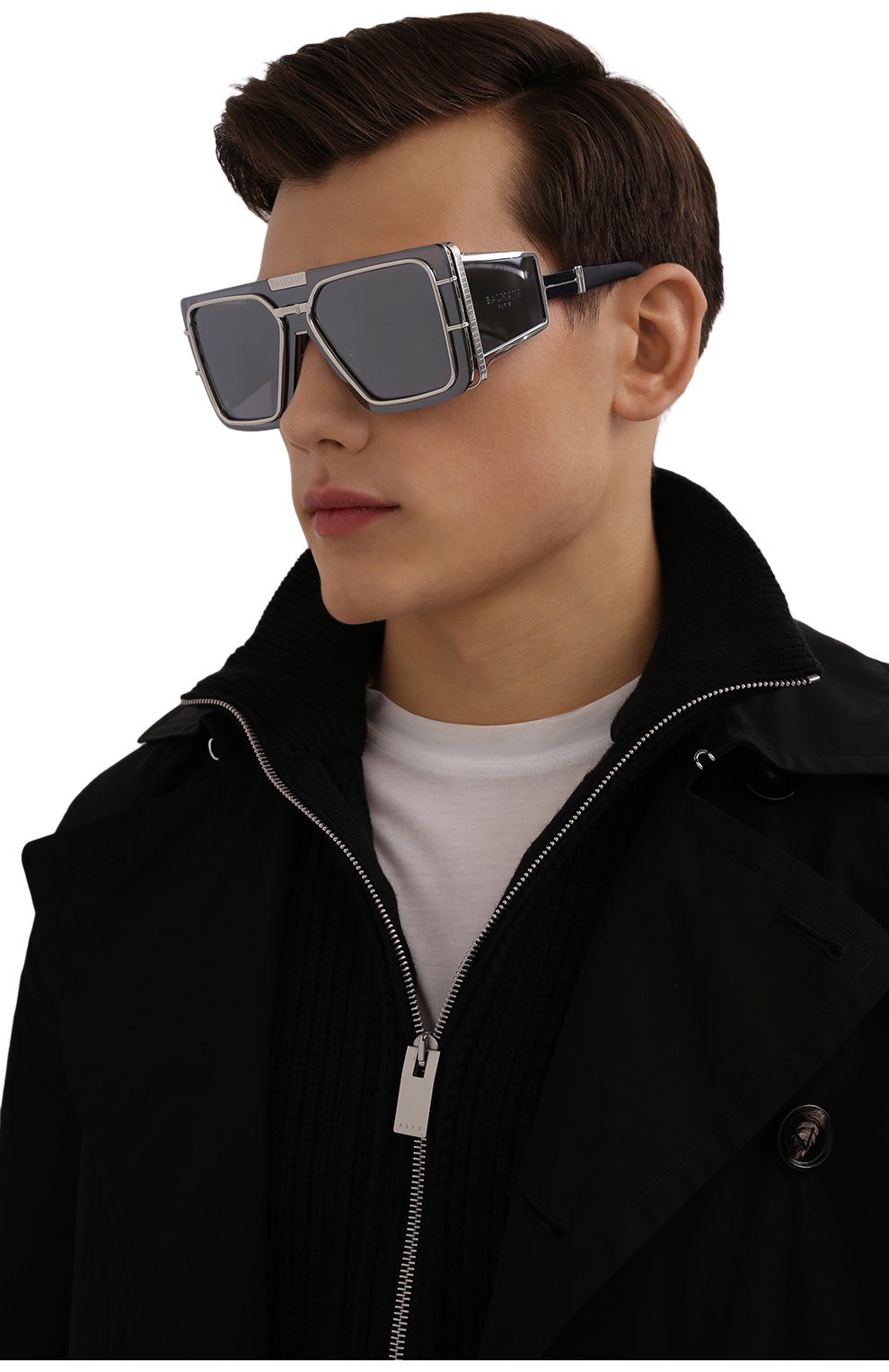 Женские солнцезащитные очки BALMAIN серебряного цвета, арт. BPS-102J | Фото 3 (Кросс-КТ: С/з-унисекс; Тип очков: С/з; Очки форма: Маска, Over-size; Оптика Гендер: оптика-унисекс)