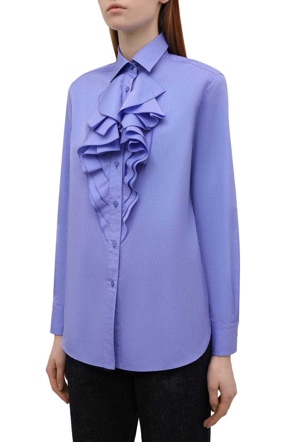Женская хлопковая блузка RALPH LAUREN голубого цвета, арт. 290864946 | Фото 3 (Рукава: Длинные; Принт: Без принта; Длина (для топов): Стандартные; Материал внешний: Хлопок; Стили: Романтичный; Женское Кросс-КТ: Блуза-одежда)
