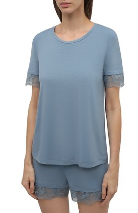 Женская пижама LA PERLA голубого цвета, арт. 0044630 | Фото 2 (Рукава: Короткие; Длина (для топов): Стандартные; Материал внешний: Синтетический материал; Длина Ж (юбки, платья, шорты): Мини)