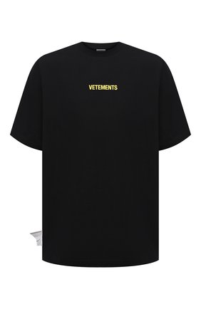 Мужская хлопковая футболка VETEMENTS черного цвета по цене 29950 руб., арт. UE52TR120X 1602/M | Фото 1 Мужская хлопковая футболка VETEMENTS черного цвета, арт. UE52TR120X 1602/M | Фото 1 (Длина (для топов): Удлиненные; Материал внешний: Хлопок; Рукава: Короткие; Женское Кросс-КТ: Футболка-одежда; Принт: С принтом; Стили: Гранж)