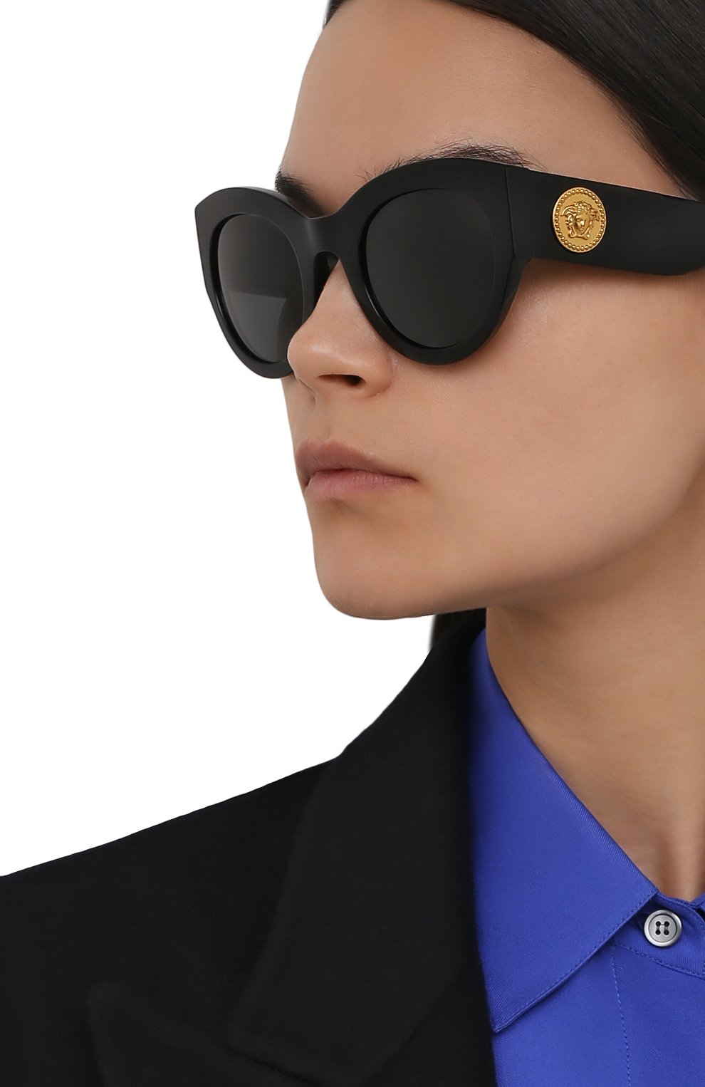 Женские солнцезащитные очки VERSACE черного цвета, арт. 4353-GB1/87 | Фото 2 (Тип очков: С/з; Оптика Гендер: оптика-женское; Очки форма: Cat-eye)
