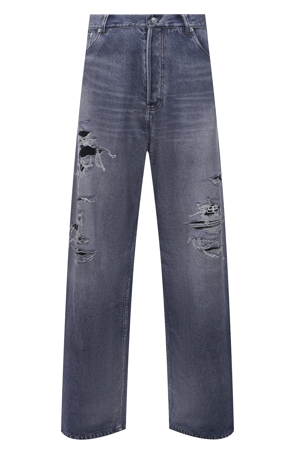 Мужские джинсы BALENCIAGA синего цвета, арт. 675336/TLV86 | Фото 1 (Силуэт М (брюки): Широкие; Кросс-КТ: Деним; Длина (брюки, джинсы): Стандартные; Стили: Гранж; Материал внешний: Хлопок, Деним; Детали: Потертости)