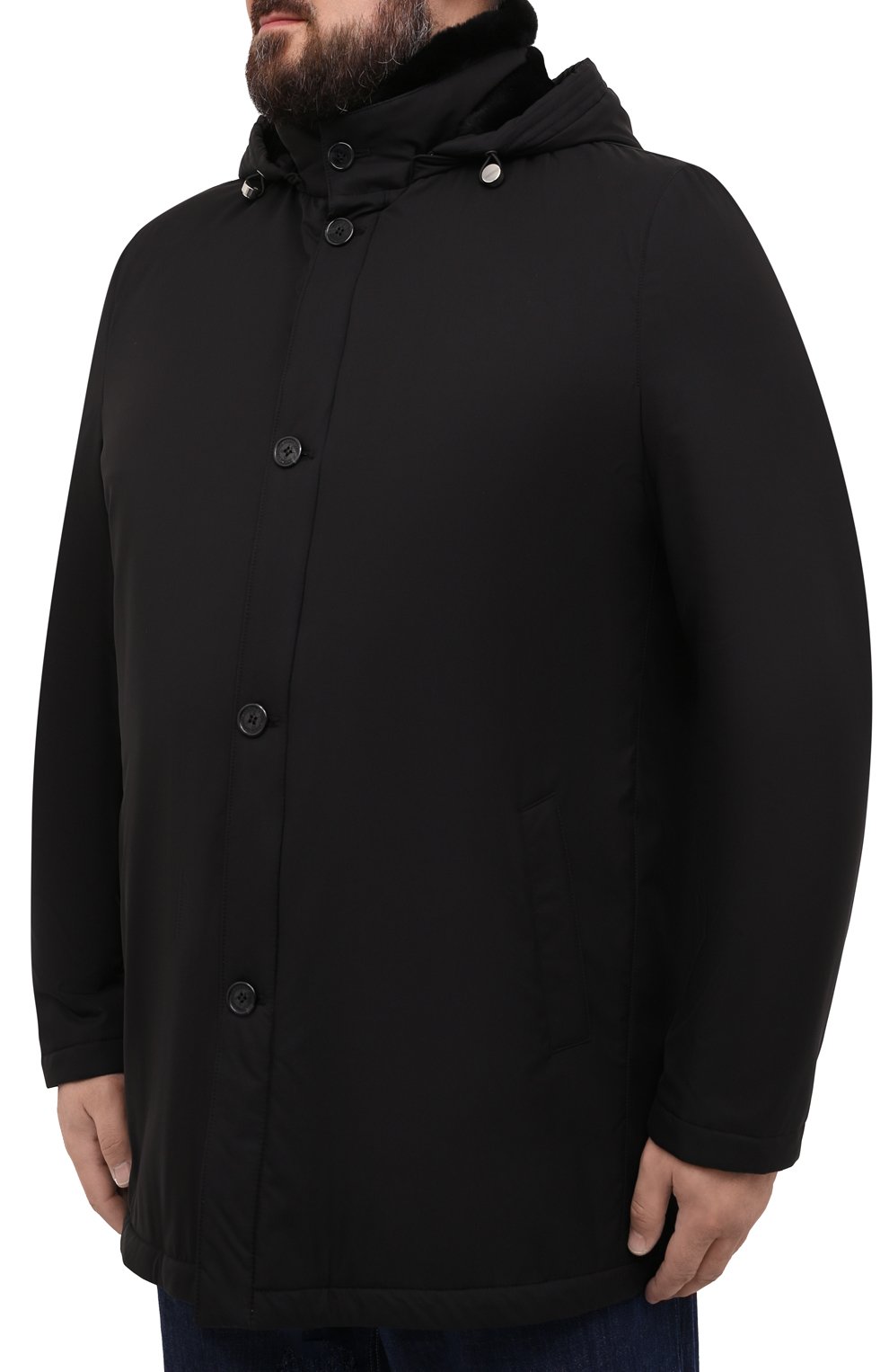 Мужская шелковая куртка с меховой подкладкой ANDREA CAMPAGNA черного цвета, арт. A3T752/3841 | Фото 3 (Кросс-КТ: Куртка; Материал внешний: Шелк; Рукава: Длинные; Длина (верхняя одежда): До середины бедра; Мужское Кросс-КТ: утепленные куртки; Стили: Кэжуэл)