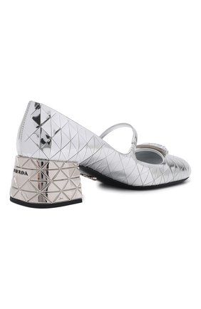 Женские кожаные туфли PRADA серебряного цвета, арт. 1I771M-3LJ0-F0118-045 | Фото 5 (Материал внешний: Кожа; Каблук высота: Низкий; Каблук тип: Устойчивый; Подошва: Плоская)