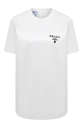 Женская хлопковая футболка с отделкой пайетками PRADA белого цвета, арт. 3581AR-10AG-F0009-221 | Фото 1 (Длина (для топов): Стандартные; Материал внешний: Хлопок; Рукава: Короткие; Стили: Спорт-шик; Принт: Без принта; Женское Кросс-КТ: Футболка-одежда)