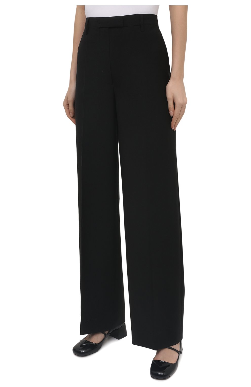 Женские брюки PRADA черного цвета, арт. P290E-G54-F0002-212 | Фото 3 (Длина (брюки, джинсы): Удлиненные; Силуэт Ж (брюки и джинсы): Широкие; Материал внешний: Шерсть; Стили: Гламурный)