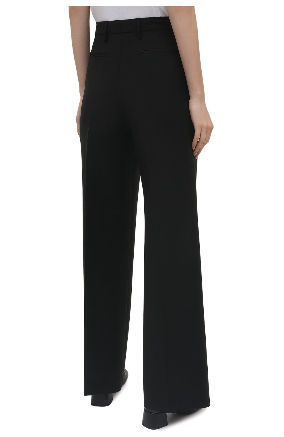 Женские брюки PRADA черного цвета, арт. P290E-G54-F0002-212 | Фото 4 (Длина (брюки, джинсы): Удлиненные; Силуэт Ж (брюки и джинсы): Широкие; Материал внешний: Шерсть; Стили: Гламурный)