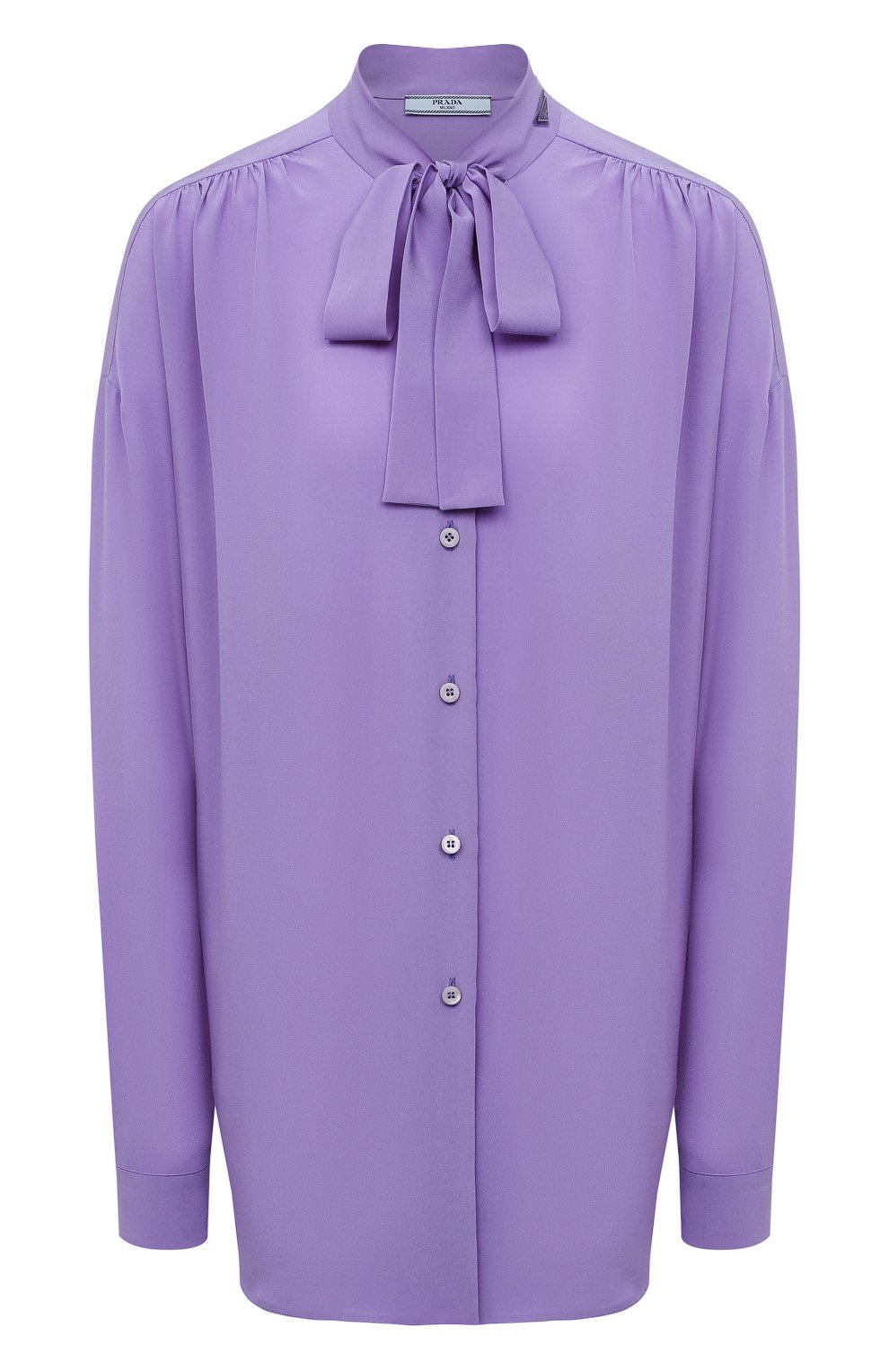 Женская шелковая блузка PRADA сиреневого цвета, арт. P445F-1H51-F0373-221 | Фото 1 (Материал внешний: Шелк; Рукава: Длинные; Принт: Без принта; Длина (для топов): Удлиненные; Стили: Романтичный; Женское Кросс-КТ: Блуза-одежда)