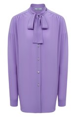 Женская шелковая блузка PRADA сиреневого цвета, арт. P445F-1H51-F0373-221 | Фото 1 (Материал внешний: Шелк; Рукава: Длинные; Принт: Без принта; Длина (для топов): Удлиненные; Стили: Романтичный; Женское Кросс-КТ: Блуза-одежда)