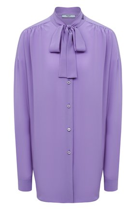 Женская шелковая блузка PRADA сиреневого цвета, арт. P445F-1H51-F0373-221 | Фото 1 (Рукава: Длинные; Длина (для топов): Удлиненные; Материал внешний: Шелк; Стили: Романтичный; Принт: Без принта; Женское Кросс-КТ: Блуза-одежда)