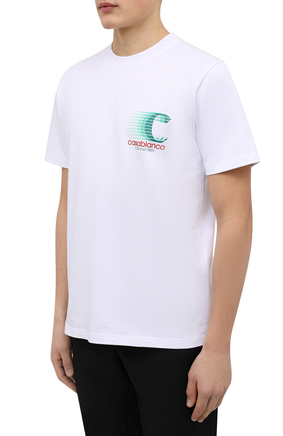 Мужская хлопковая футболка CASABLANCA белого цвета, арт. MF21-TS-001 WHITE-GRAND PRIX L0G0 | Фото 3 (Рукава: Короткие; Длина (для топов): Стандартные; Принт: С принтом; Материал внешний: Хлопок; Стили: Спорт-шик)